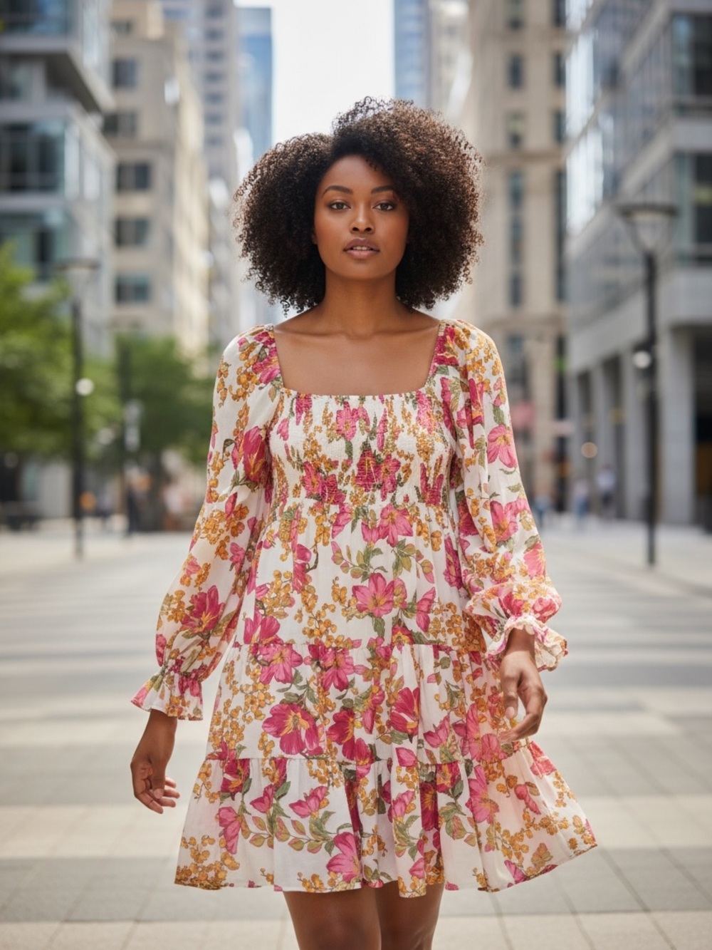 Smocked Square-Neck  BoHo Floral Mini Dress in Pink and Cream Size 3X
